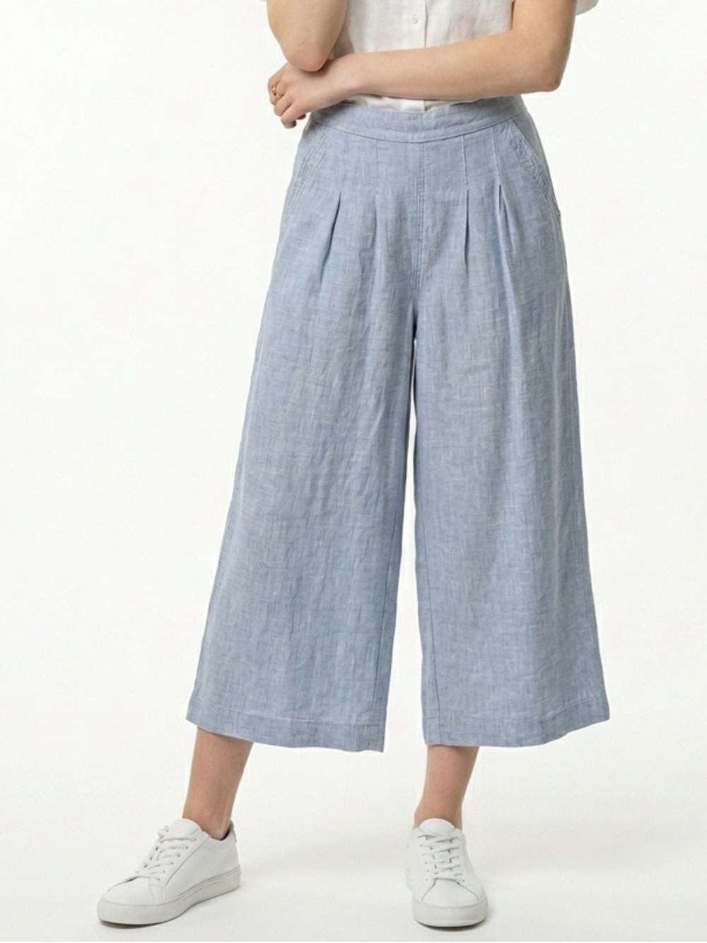 New Bon Marche Linen Wide Leg Cropped Pants Blue